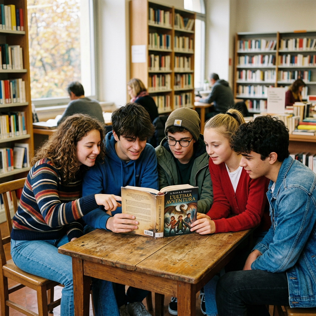 Five teenagers sitting around a wooden table in a library, reading a book titled 'L'Ultima Avventura'